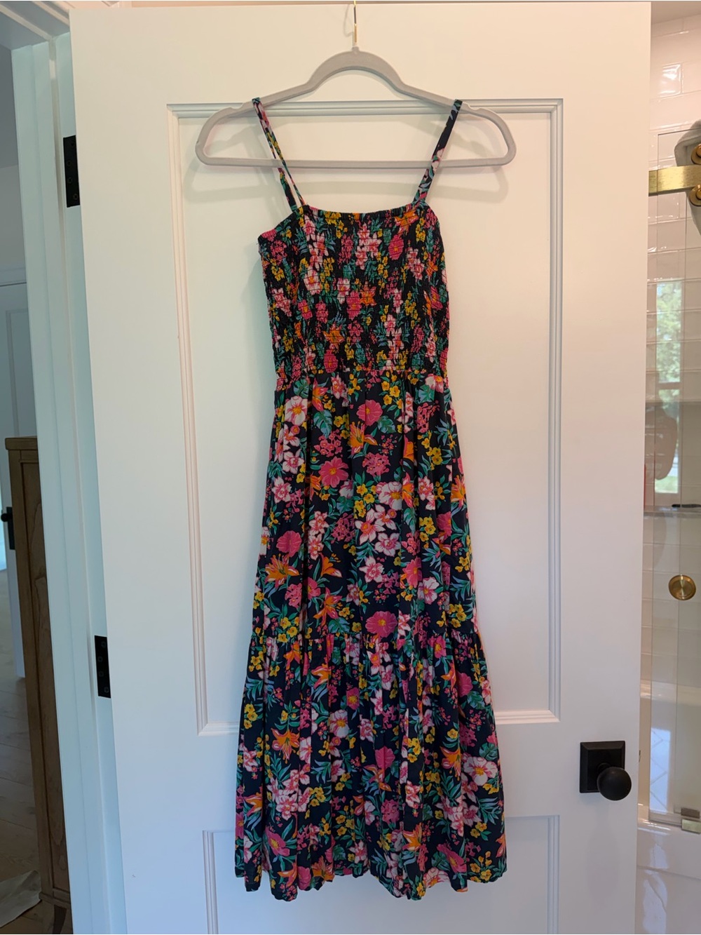Floral Smocked Midi Dress in Navy with Pink & Yellow Blooms